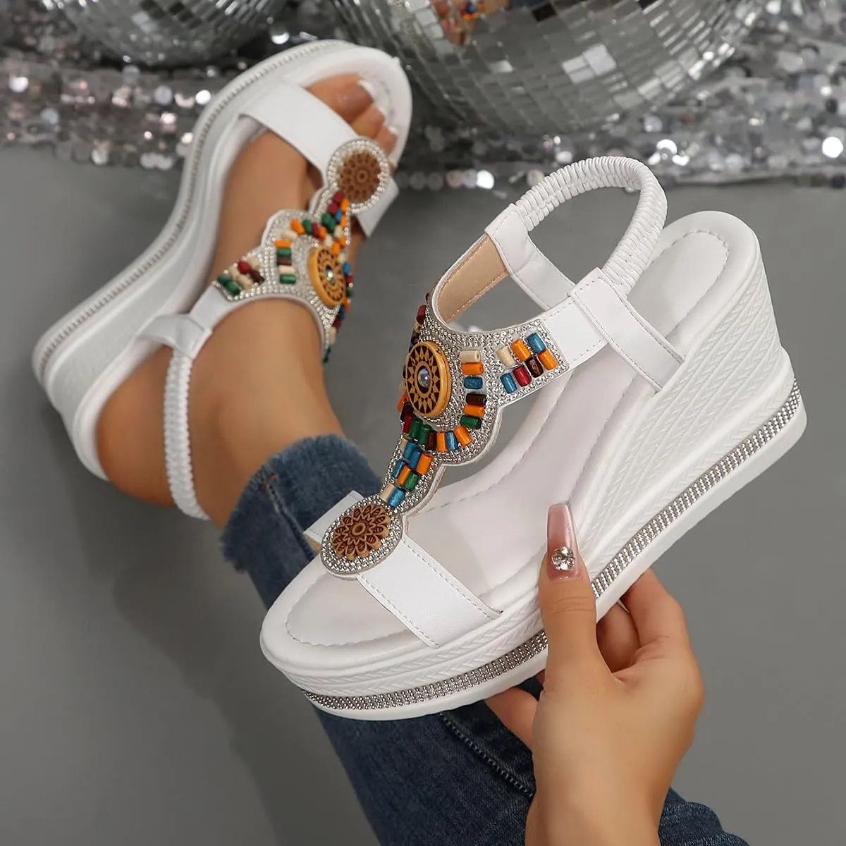 Women's Wedge Sandals Platform Jeweled Bohemian Platform Elastic Ankle Strap Sandals Open Toe Dressy Casual Summer Shoes