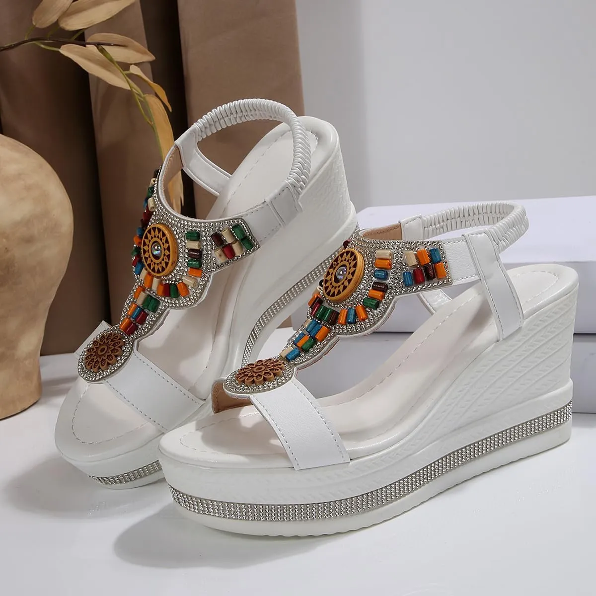 Women's Wedge Sandals Platform Jeweled Bohemian Platform Elastic Ankle Strap Sandals Open Toe Dressy Casual Summer Shoes