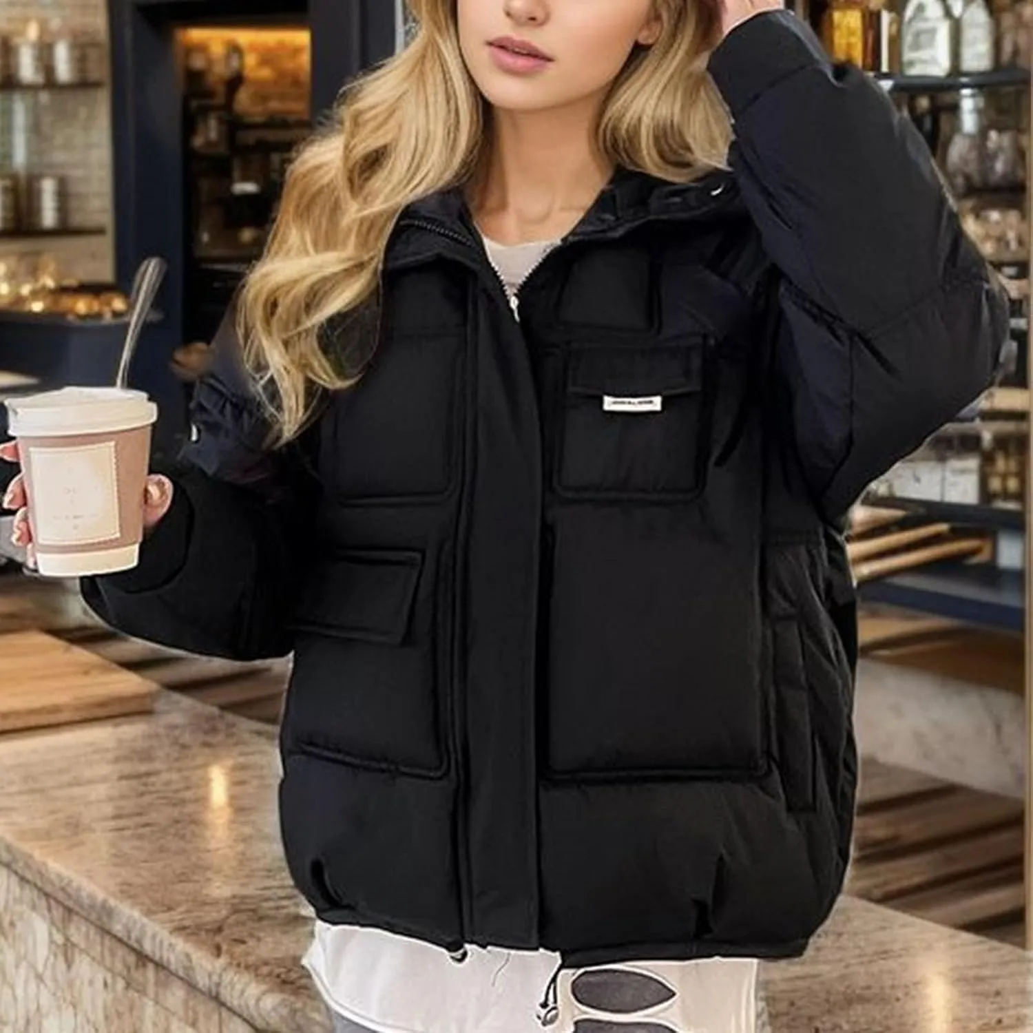 Women's Winter Coats Cropped Puffer Jackets Zip Up Stand Collar Padded Warm Trendy Short Down Jacket Outwear