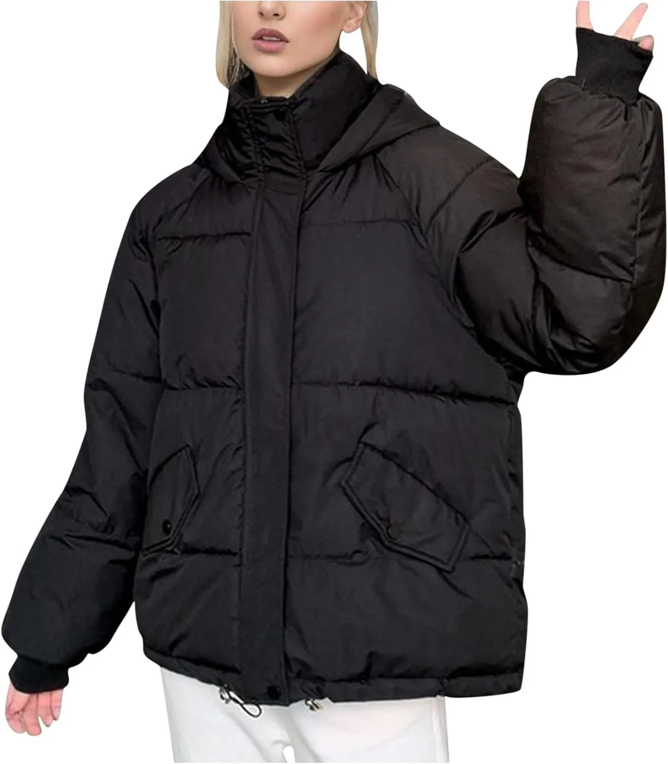 Women's Winter Coats Cropped Puffer Jackets Zip Up Stand Collar Padded Warm Trendy Short Down Jacket Outwear