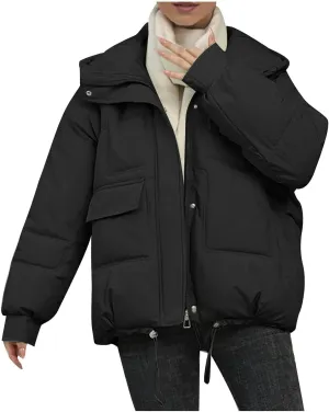 Women's Winter Coats Cropped Puffer Jackets Zip Up Stand Collar Padded Warm Trendy Short Down Jacket Outwear