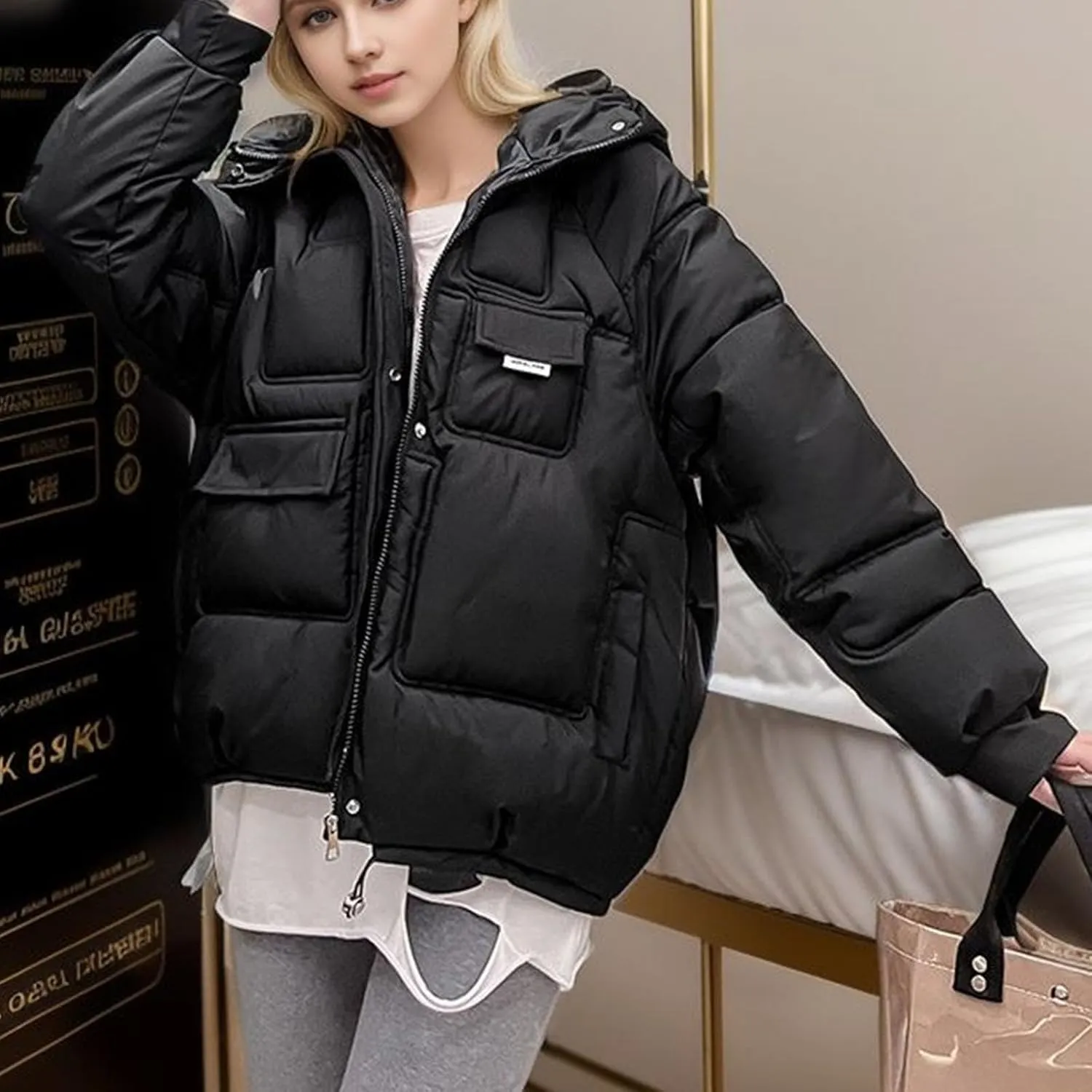 Women's Winter Coats Cropped Puffer Jackets Zip Up Stand Collar Padded Warm Trendy Short Down Jacket Outwear