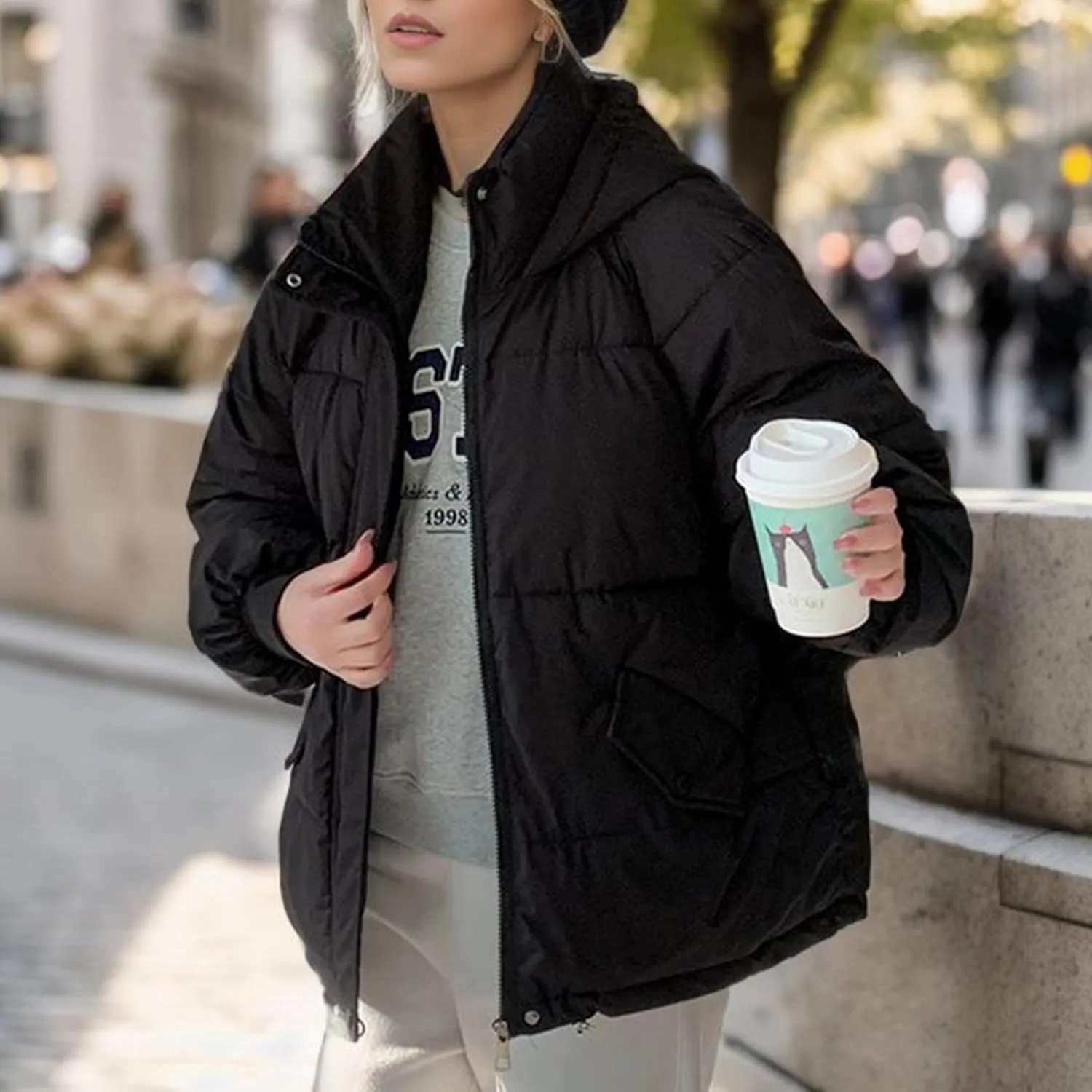 Women's Winter Coats Cropped Puffer Jackets Zip Up Stand Collar Padded Warm Trendy Short Down Jacket Outwear