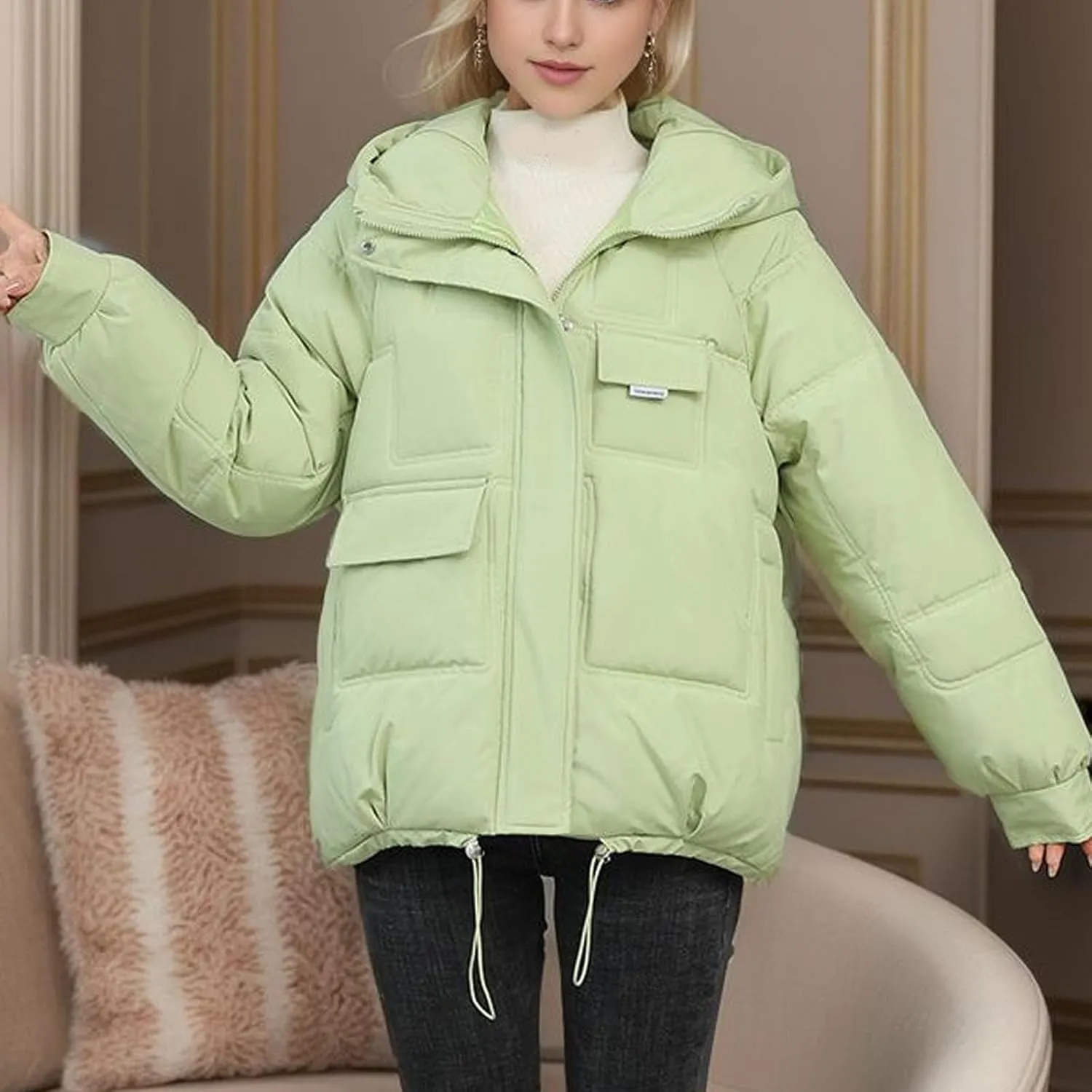 Women's Winter Coats Cropped Puffer Jackets Zip Up Stand Collar Padded Warm Trendy Short Down Jacket Outwear