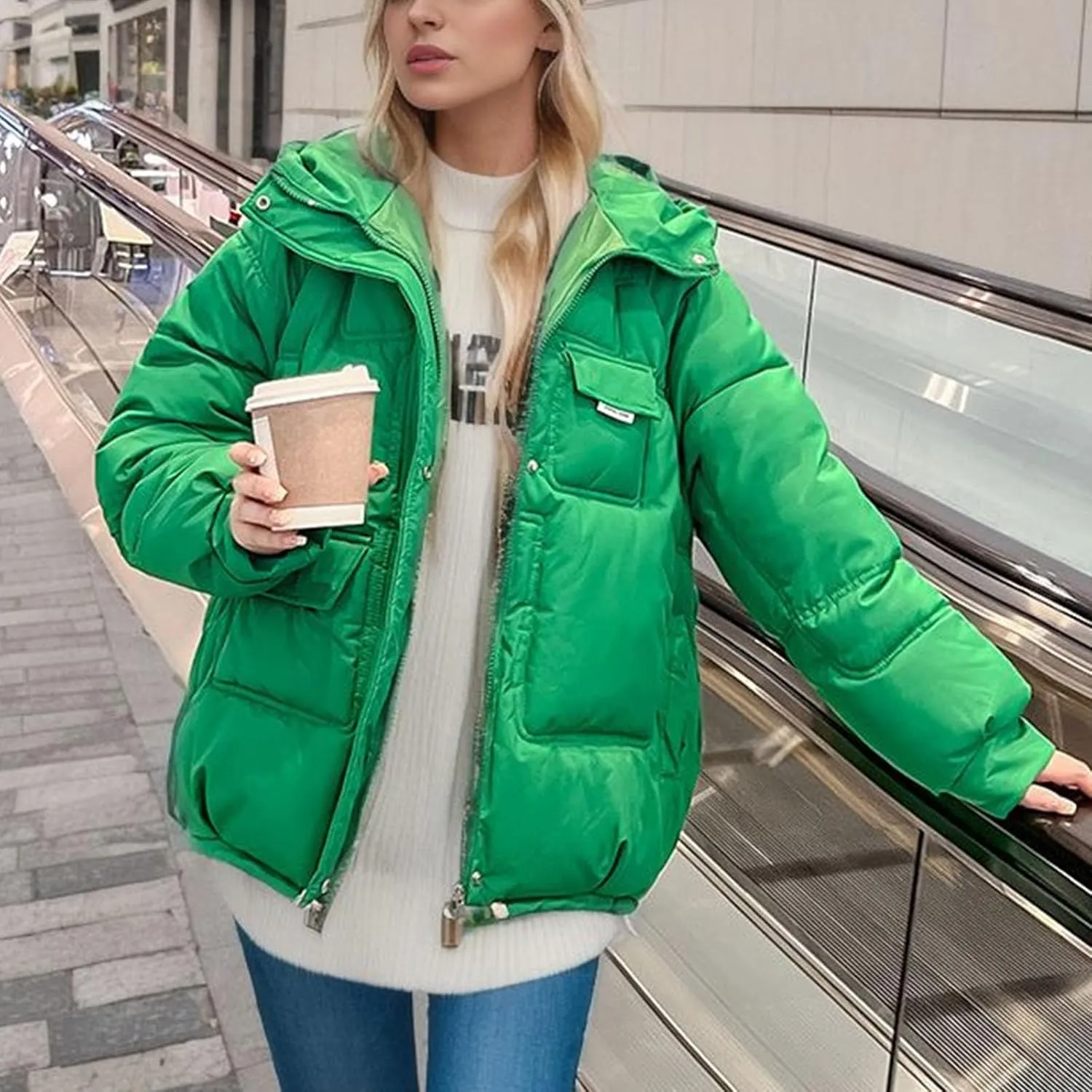 Women's Winter Coats Cropped Puffer Jackets Zip Up Stand Collar Padded Warm Trendy Short Down Jacket Outwear
