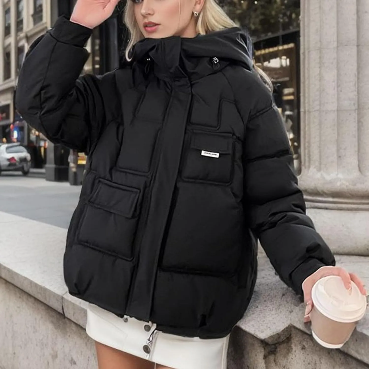 Women's Winter Coats Cropped Puffer Jackets Zip Up Stand Collar Padded Warm Trendy Short Down Jacket Outwear