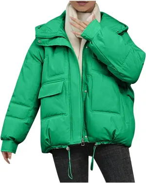 Women's Winter Coats Cropped Puffer Jackets Zip Up Stand Collar Padded Warm Trendy Short Down Jacket Outwear
