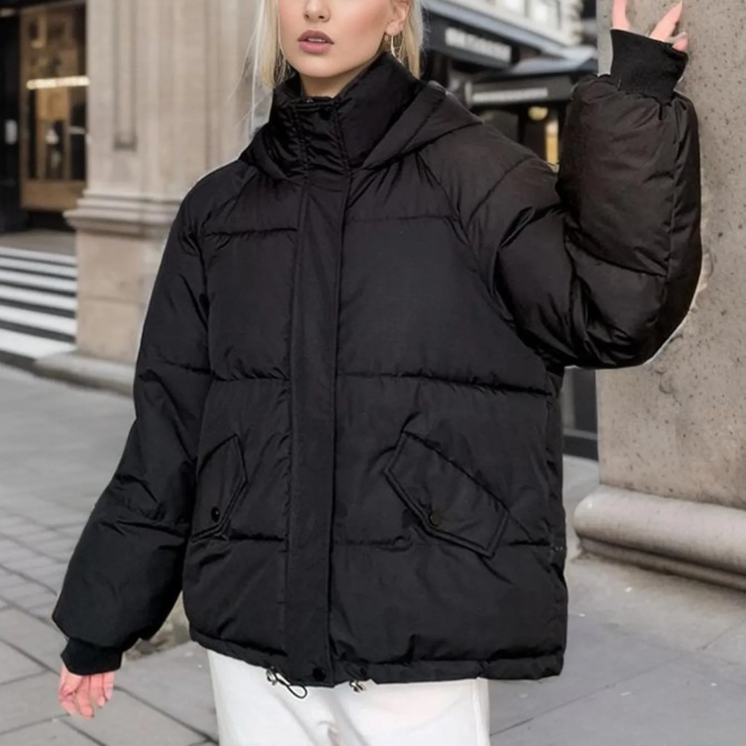 Women's Winter Coats Cropped Puffer Jackets Zip Up Stand Collar Padded Warm Trendy Short Down Jacket Outwear