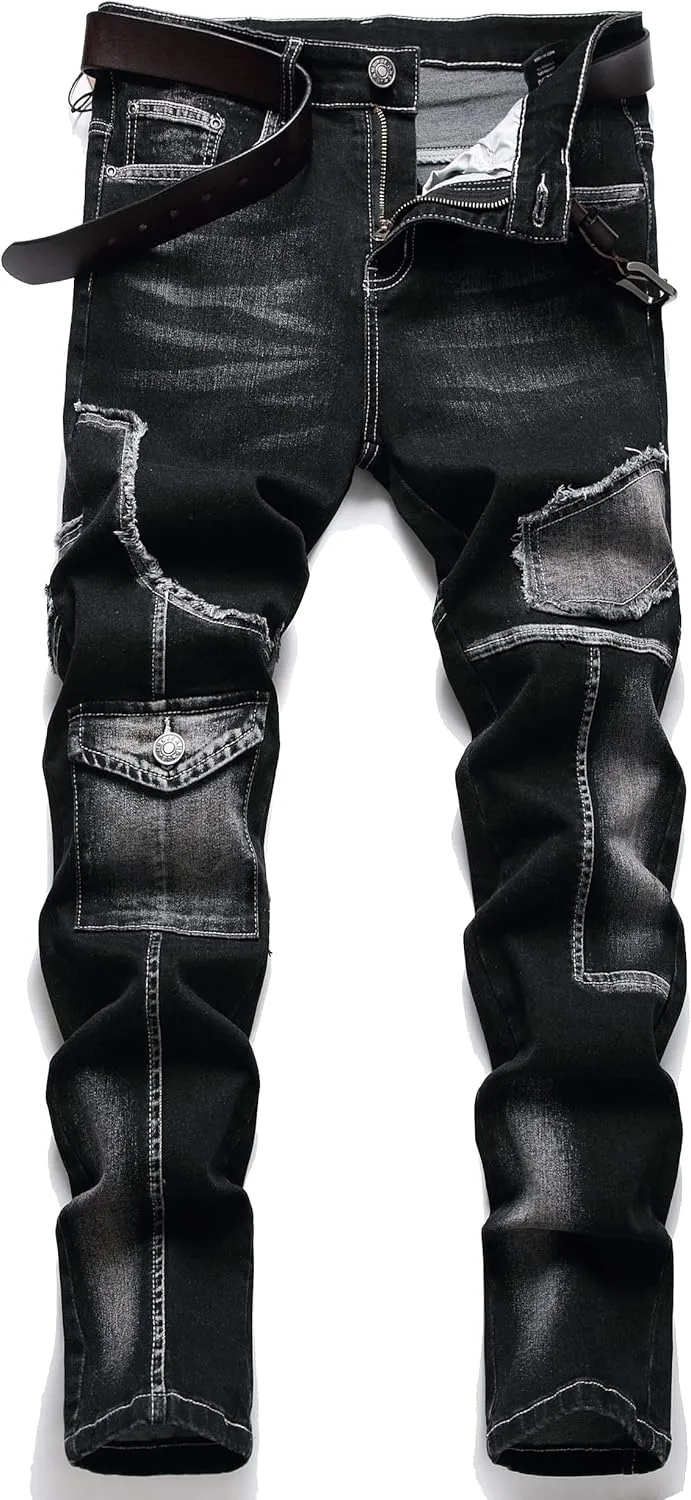 XIMXIMMTIAN Men's Biker Moto Washed Distressed Slim Fit Straight Jeans Denim…