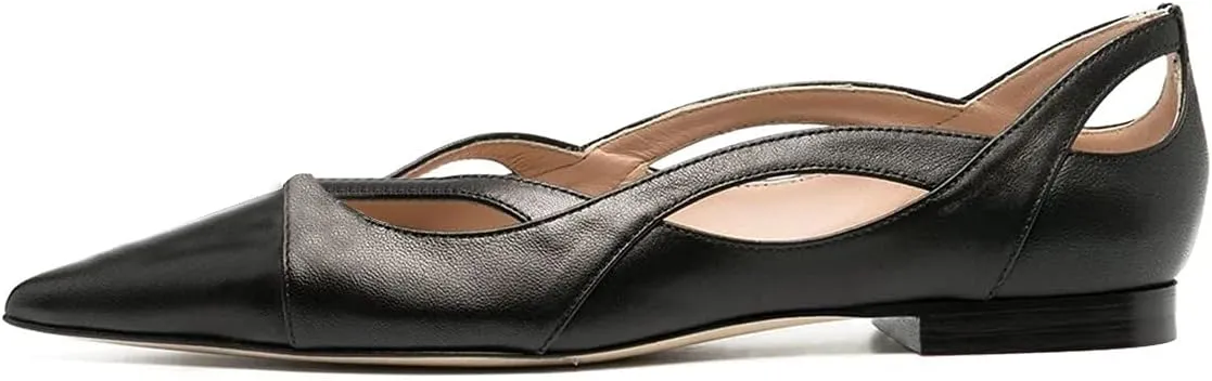 XYD Women Pointed Toe Comfortable Flats Cut Out Curved Real Leather Sandals Easy Walking Low Heel Dress Casual Shoes