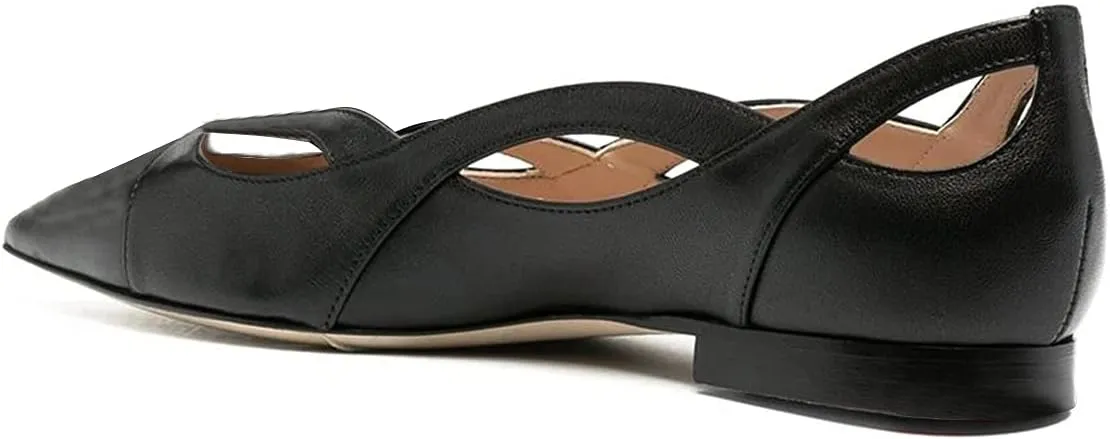 XYD Women Pointed Toe Comfortable Flats Cut Out Curved Real Leather Sandals Easy Walking Low Heel Dress Casual Shoes