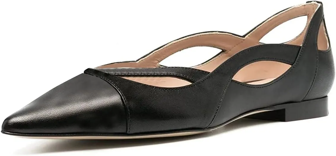 XYD Women Pointed Toe Comfortable Flats Cut Out Curved Real Leather Sandals Easy Walking Low Heel Dress Casual Shoes