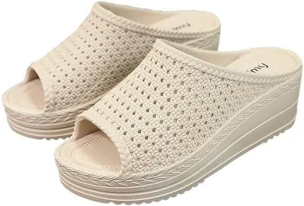 Y2K Aesthetic Summer Elevated Sandals Slippers Women's Wedge Flip Flops with Floral Cutouts, Slip-Resistant Beach & Indoor Slides