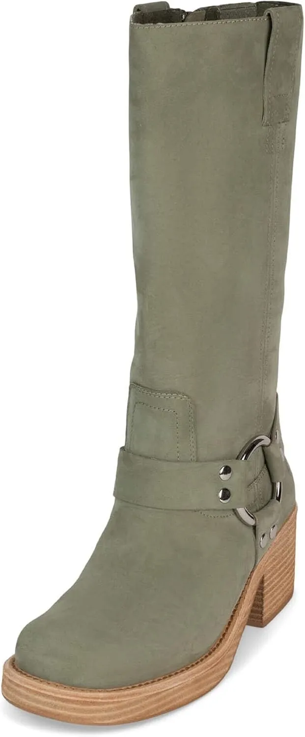 Yishaweiqi Women's Studds Biker Boots Chunky Heel Square Toe Knee High Boots Side Zipper Western Boots Fall Dress Riding Boots Motorcycle Boots