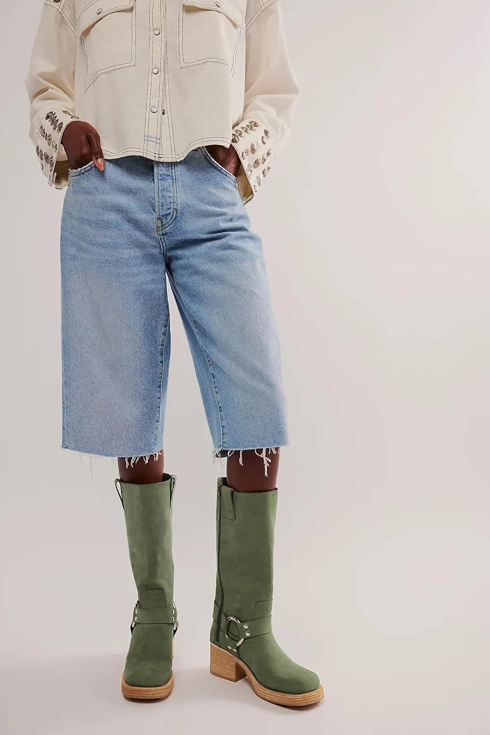 Yishaweiqi Women's Studds Biker Boots Chunky Heel Square Toe Knee High Boots Side Zipper Western Boots Fall Dress Riding Boots Motorcycle Boots