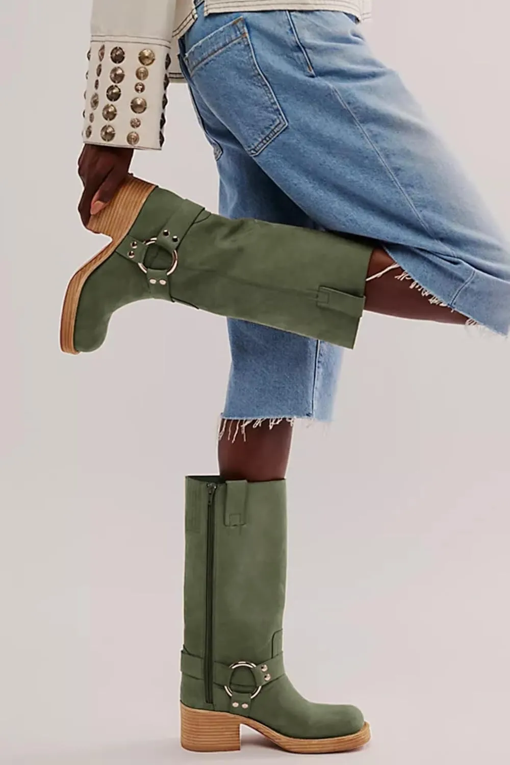 Yishaweiqi Women's Studds Biker Boots Chunky Heel Square Toe Knee High Boots Side Zipper Western Boots Fall Dress Riding Boots Motorcycle Boots