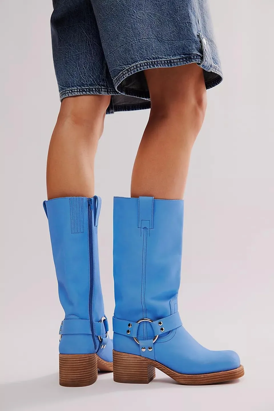 Yishaweiqi Women's Studds Biker Boots Chunky Heel Square Toe Knee High Boots Side Zipper Western Boots Fall Dress Riding Boots Motorcycle Boots