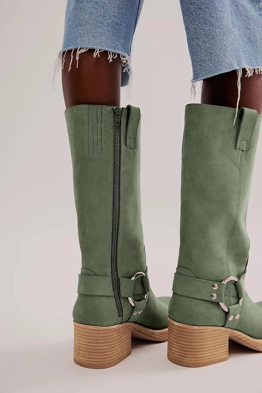 Yishaweiqi Women's Studds Biker Boots Chunky Heel Square Toe Knee High Boots Side Zipper Western Boots Fall Dress Riding Boots Motorcycle Boots