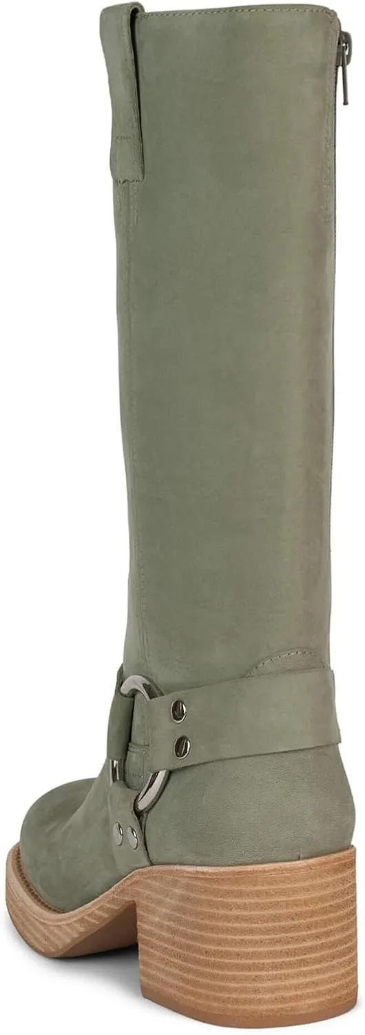 Yishaweiqi Women's Studds Biker Boots Chunky Heel Square Toe Knee High Boots Side Zipper Western Boots Fall Dress Riding Boots Motorcycle Boots