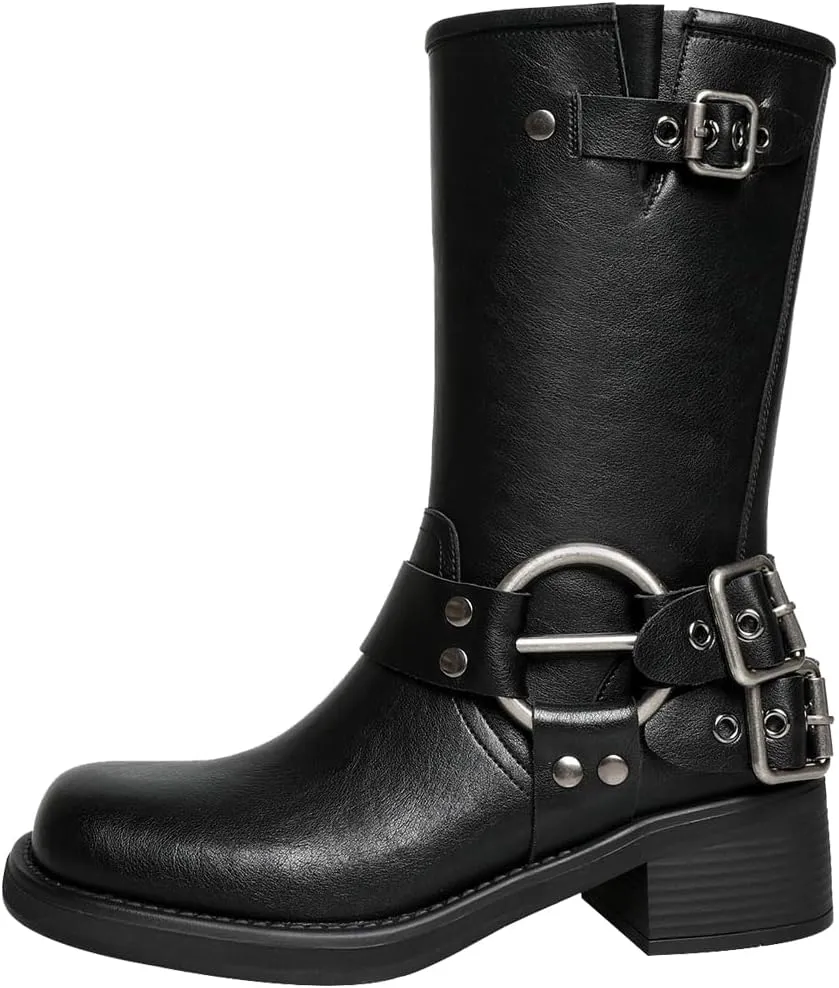 YIYA Women's Motorcycle Mid Calf Boots for Riding Buckle Studded Chunky Low Heel Biker Pull On Ankle Boots