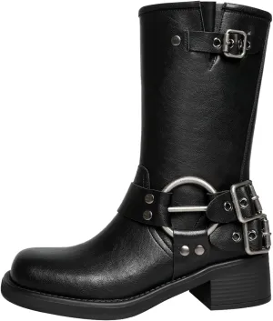 YIYA Women's Motorcycle Mid Calf Boots for Riding Buckle Studded Chunky Low Heel Biker Pull On Ankle Boots