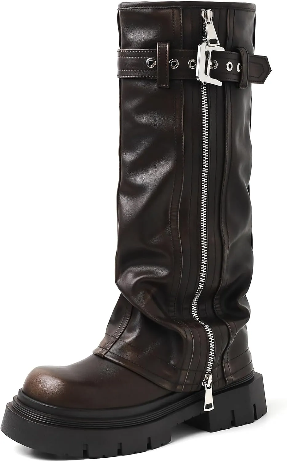 YIYA Women's Platform Fold Over Biker Knee High Boots Belt Buckle Square Toe Chunky Heel Zipper Tall Boots Motorcycle Long Combat Boots