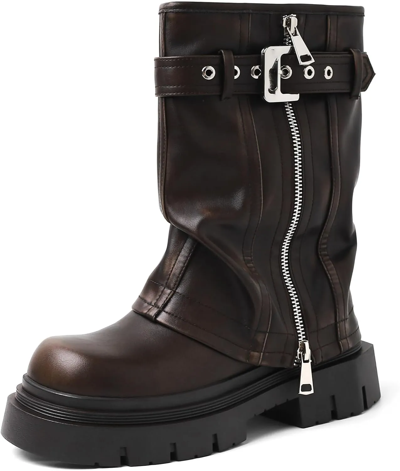 YIYA Women's Platform Fold Over Biker Mid Calf Boots Belt Buckle Square Toe Chunky Heel Zipper Short Boots Motorcycle Ankle Combat Boots
