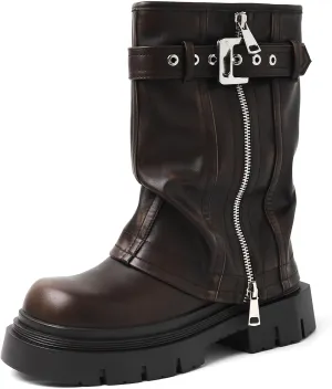 YIYA Women's Platform Fold Over Biker Mid Calf Boots Belt Buckle Square Toe Chunky Heel Zipper Short Boots Motorcycle Ankle Combat Boots