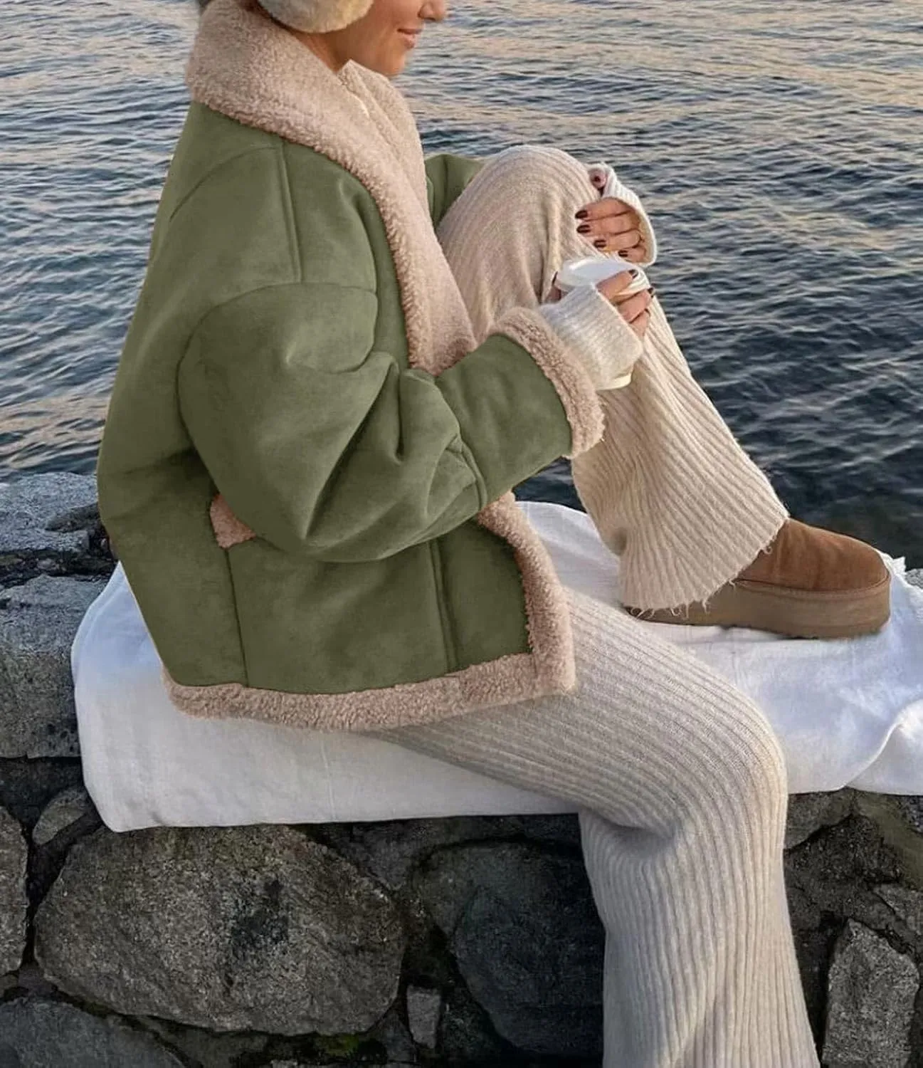 yoeasy Women Winter Sherpa Lined Faux Suede Leather Jacket Button Down Fuzzy Fleece Shearling Coat Overcoat