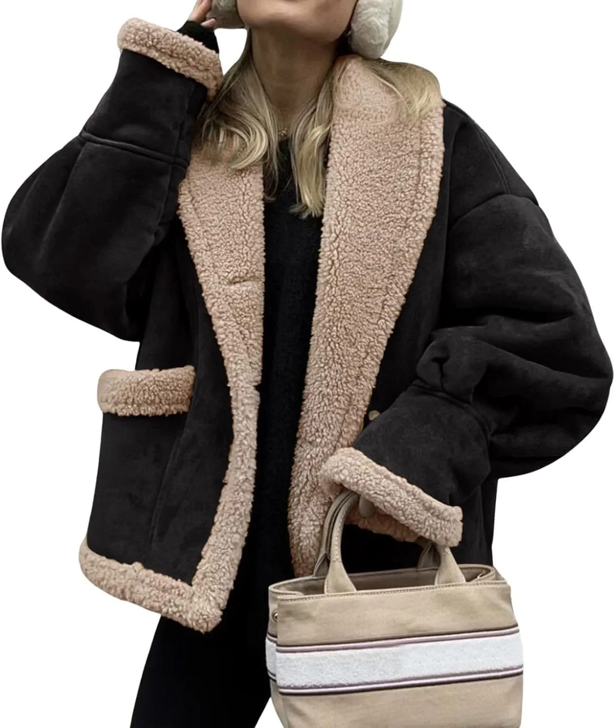 yoeasy Women Winter Sherpa Lined Faux Suede Leather Jacket Button Down Fuzzy Fleece Shearling Coat Overcoat