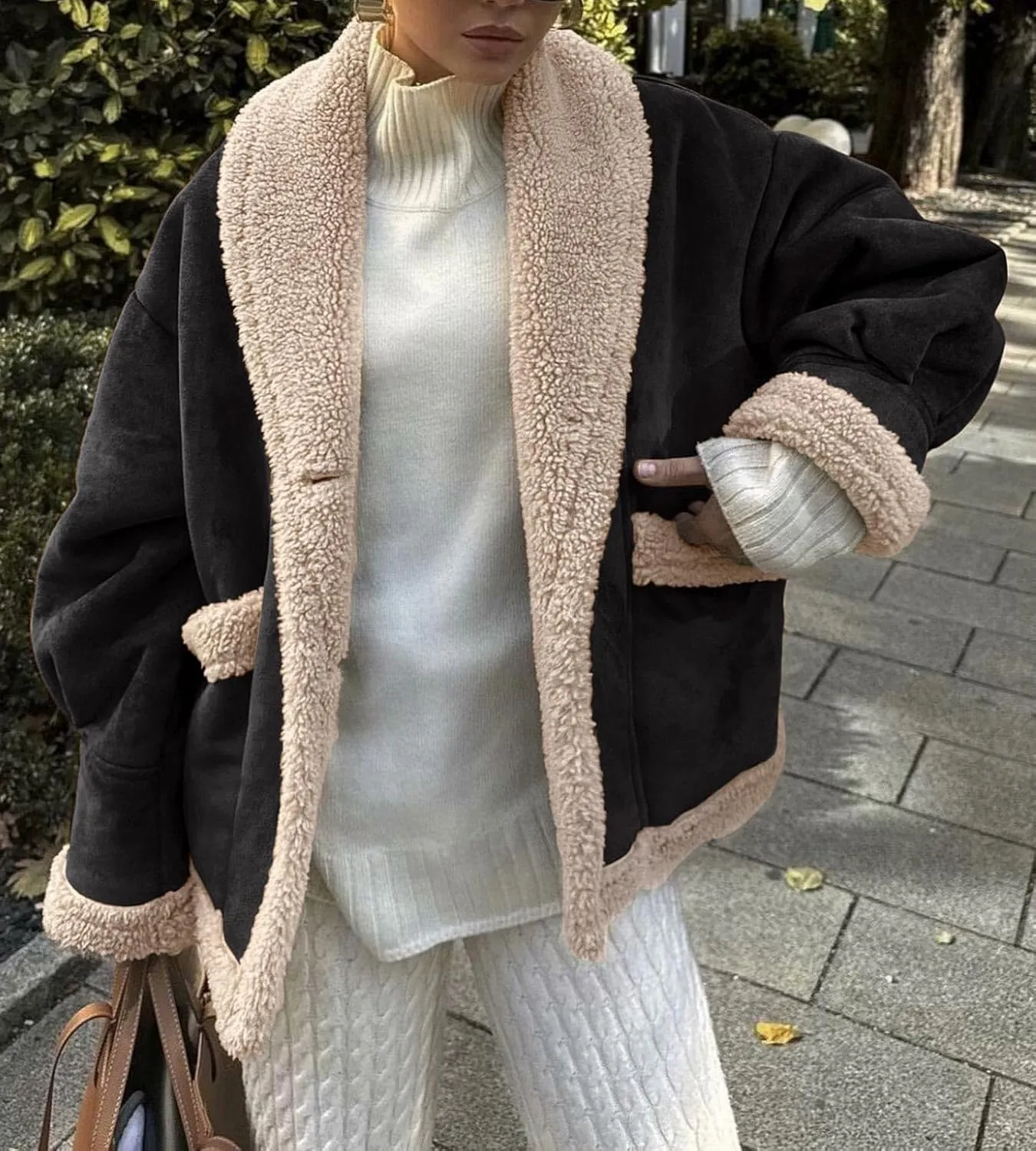 yoeasy Women Winter Sherpa Lined Faux Suede Leather Jacket Button Down Fuzzy Fleece Shearling Coat Overcoat