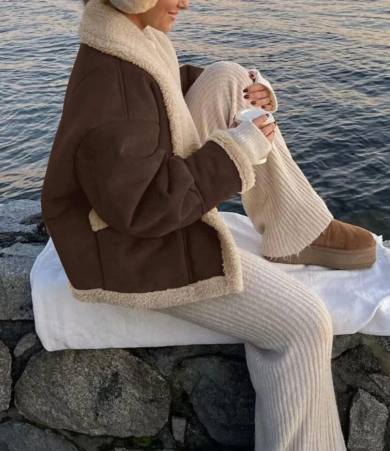 yoeasy Women Winter Sherpa Lined Faux Suede Leather Jacket Button Down Fuzzy Fleece Shearling Coat Overcoat