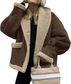yoeasy Women Winter Sherpa Lined Faux Suede Leather Jacket Button Down Fuzzy Fleece Shearling Coat Overcoat