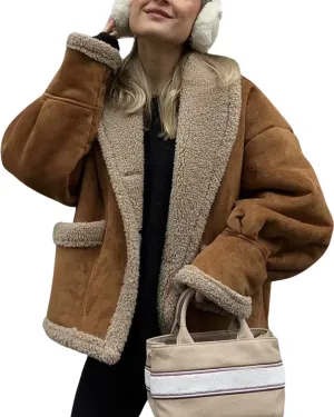 yoeasy Women Winter Sherpa Lined Faux Suede Leather Jacket Button Down Fuzzy Fleece Shearling Coat Overcoat