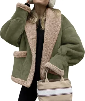 yoeasy Women Winter Sherpa Lined Faux Suede Leather Jacket Button Down Fuzzy Fleece Shearling Coat Overcoat