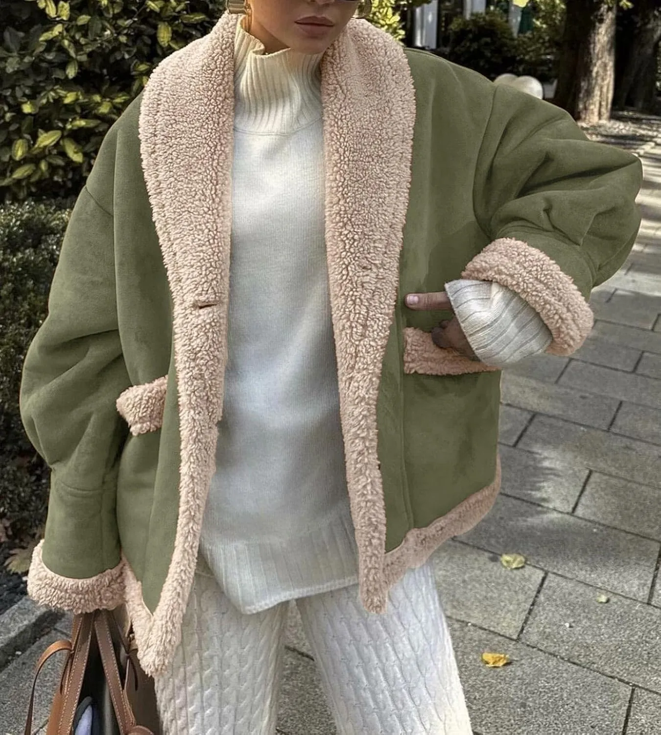 yoeasy Women Winter Sherpa Lined Faux Suede Leather Jacket Button Down Fuzzy Fleece Shearling Coat Overcoat