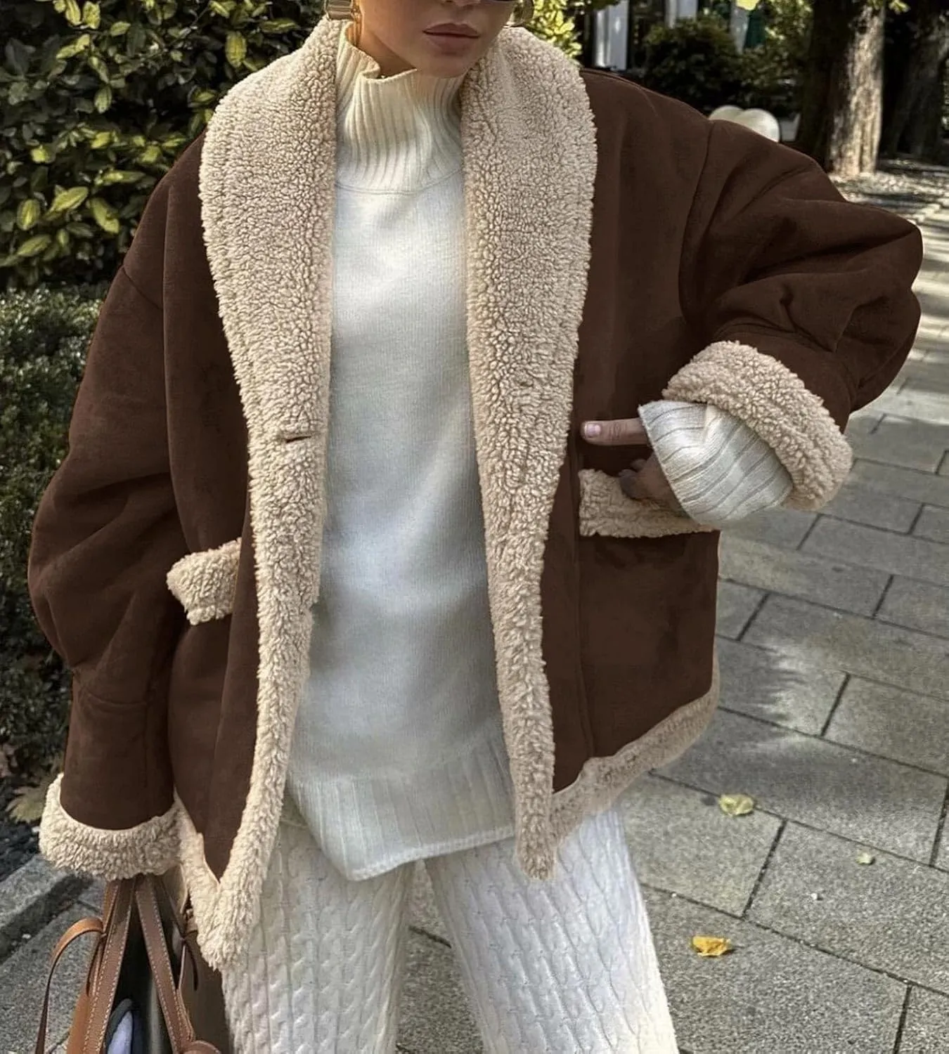 yoeasy Women Winter Sherpa Lined Faux Suede Leather Jacket Button Down Fuzzy Fleece Shearling Coat Overcoat
