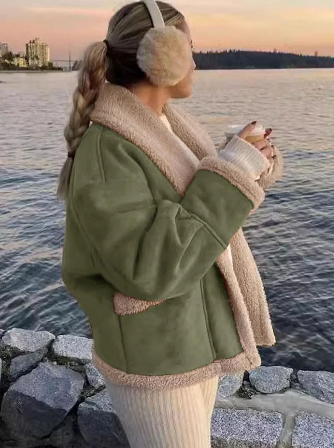 yoeasy Women Winter Sherpa Lined Faux Suede Leather Jacket Button Down Fuzzy Fleece Shearling Coat Overcoat