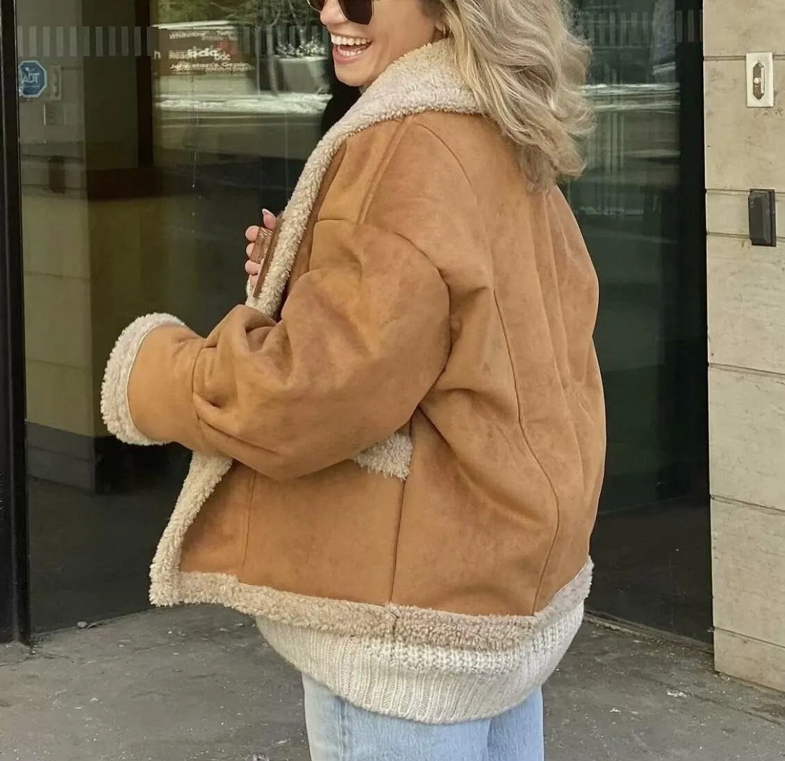 yoeasy Women Winter Sherpa Lined Faux Suede Leather Jacket Button Down Fuzzy Fleece Shearling Coat Overcoat