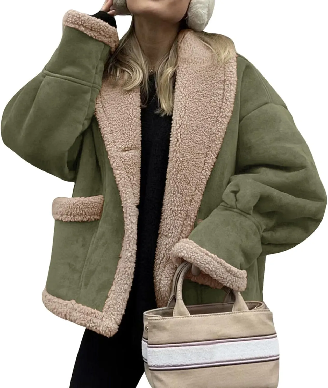 yoeasy Women Winter Sherpa Lined Faux Suede Leather Jacket Button Down Fuzzy Fleece Shearling Coat Overcoat