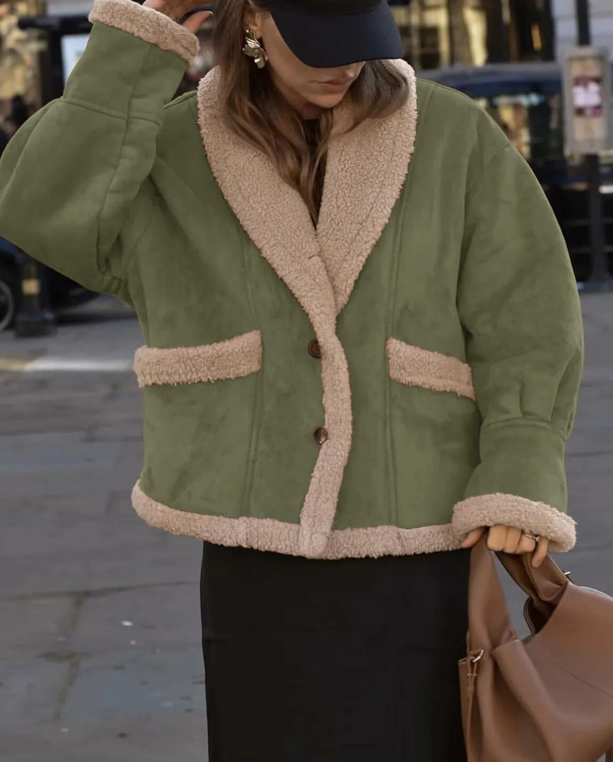 yoeasy Women Winter Sherpa Lined Faux Suede Leather Jacket Button Down Fuzzy Fleece Shearling Coat Overcoat