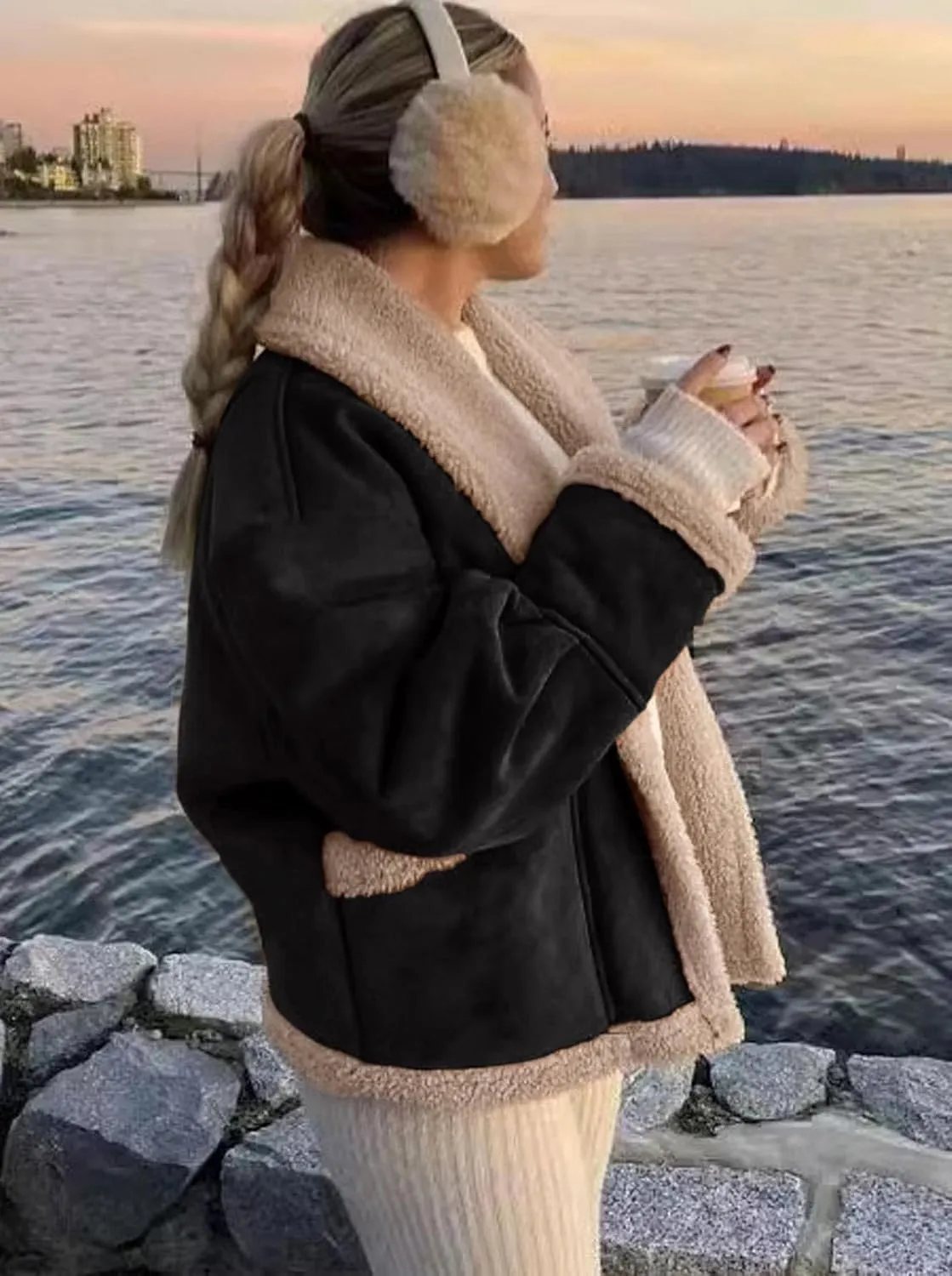 yoeasy Women Winter Sherpa Lined Faux Suede Leather Jacket Button Down Fuzzy Fleece Shearling Coat Overcoat