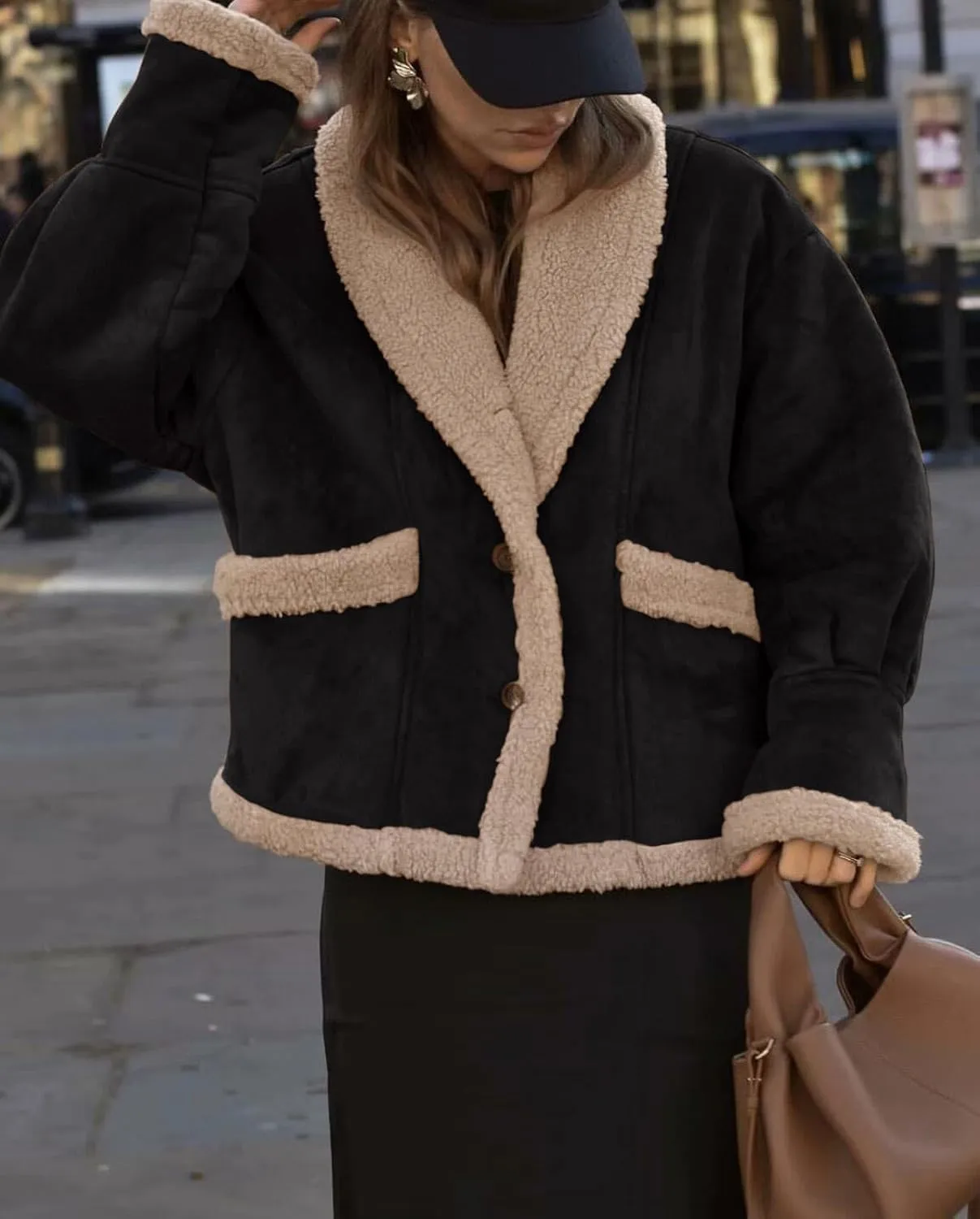 yoeasy Women Winter Sherpa Lined Faux Suede Leather Jacket Button Down Fuzzy Fleece Shearling Coat Overcoat