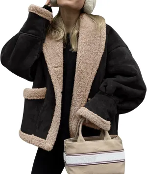 yoeasy Women Winter Sherpa Lined Faux Suede Leather Jacket Button Down Fuzzy Fleece Shearling Coat Overcoat