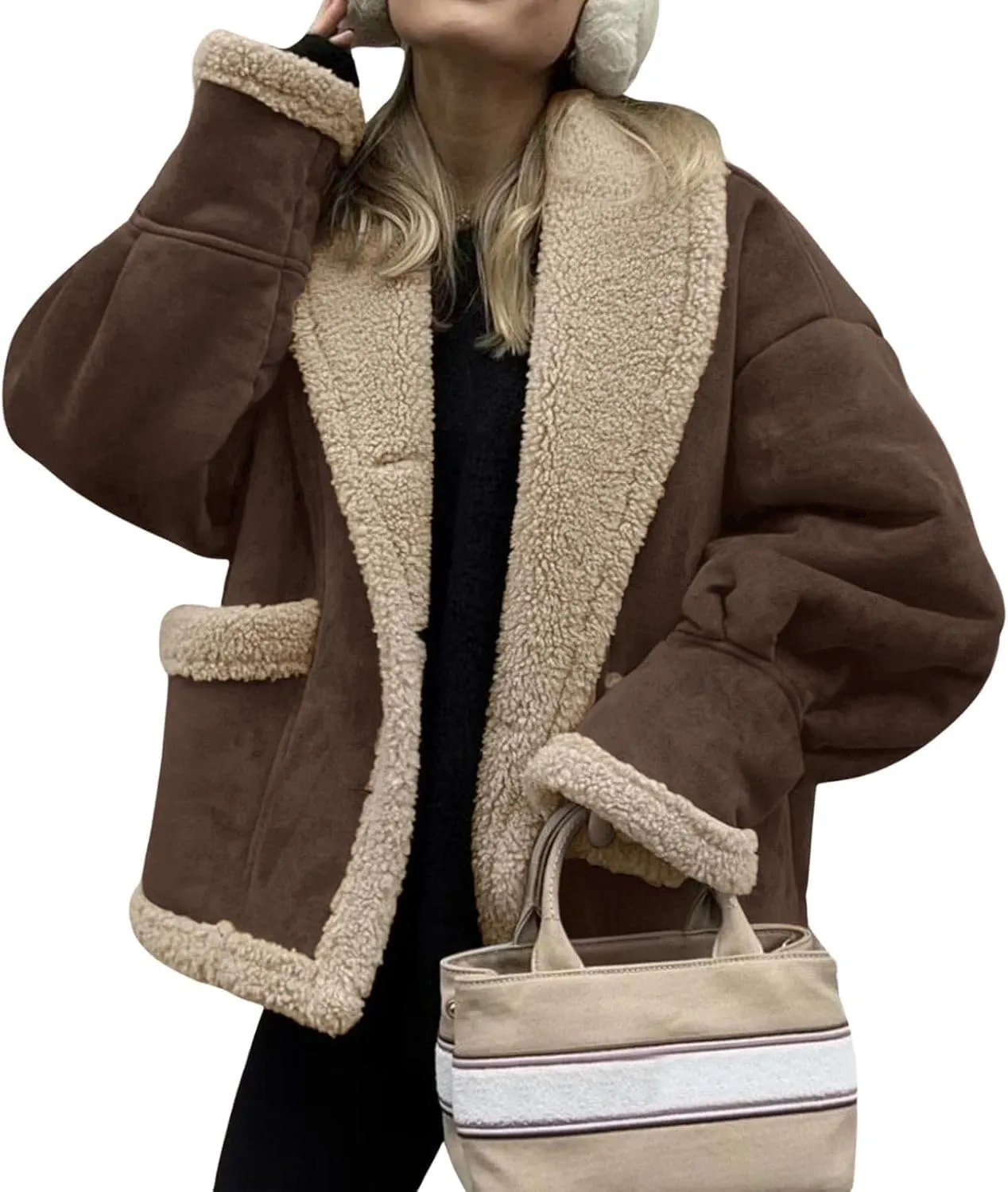 yoeasy Women Winter Sherpa Lined Faux Suede Leather Jacket Button Down Fuzzy Fleece Shearling Coat Overcoat