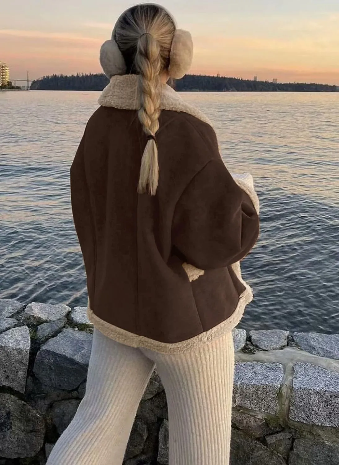 yoeasy Women Winter Sherpa Lined Faux Suede Leather Jacket Button Down Fuzzy Fleece Shearling Coat Overcoat