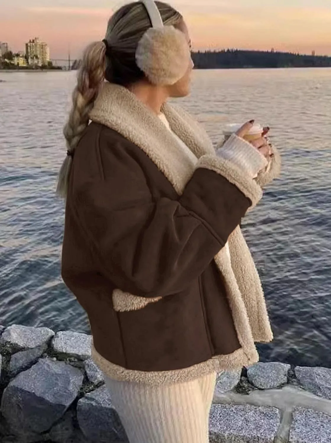 yoeasy Women Winter Sherpa Lined Faux Suede Leather Jacket Button Down Fuzzy Fleece Shearling Coat Overcoat