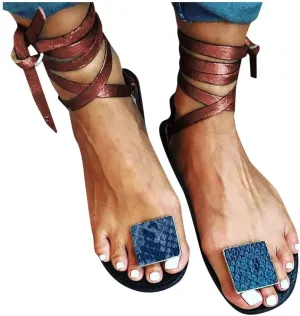 ZBYY Women's Flat Gladiator Sandals Summer Strappy Leopard Toe Ring Open Toe Sandal Flip Flops Beach Sandals