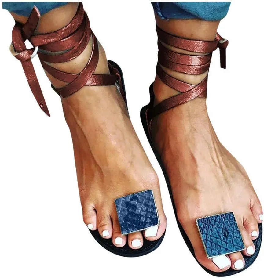 ZBYY Women's Flat Gladiator Sandals Summer Strappy Leopard Toe Ring Open Toe Sandal Flip Flops Beach Sandals