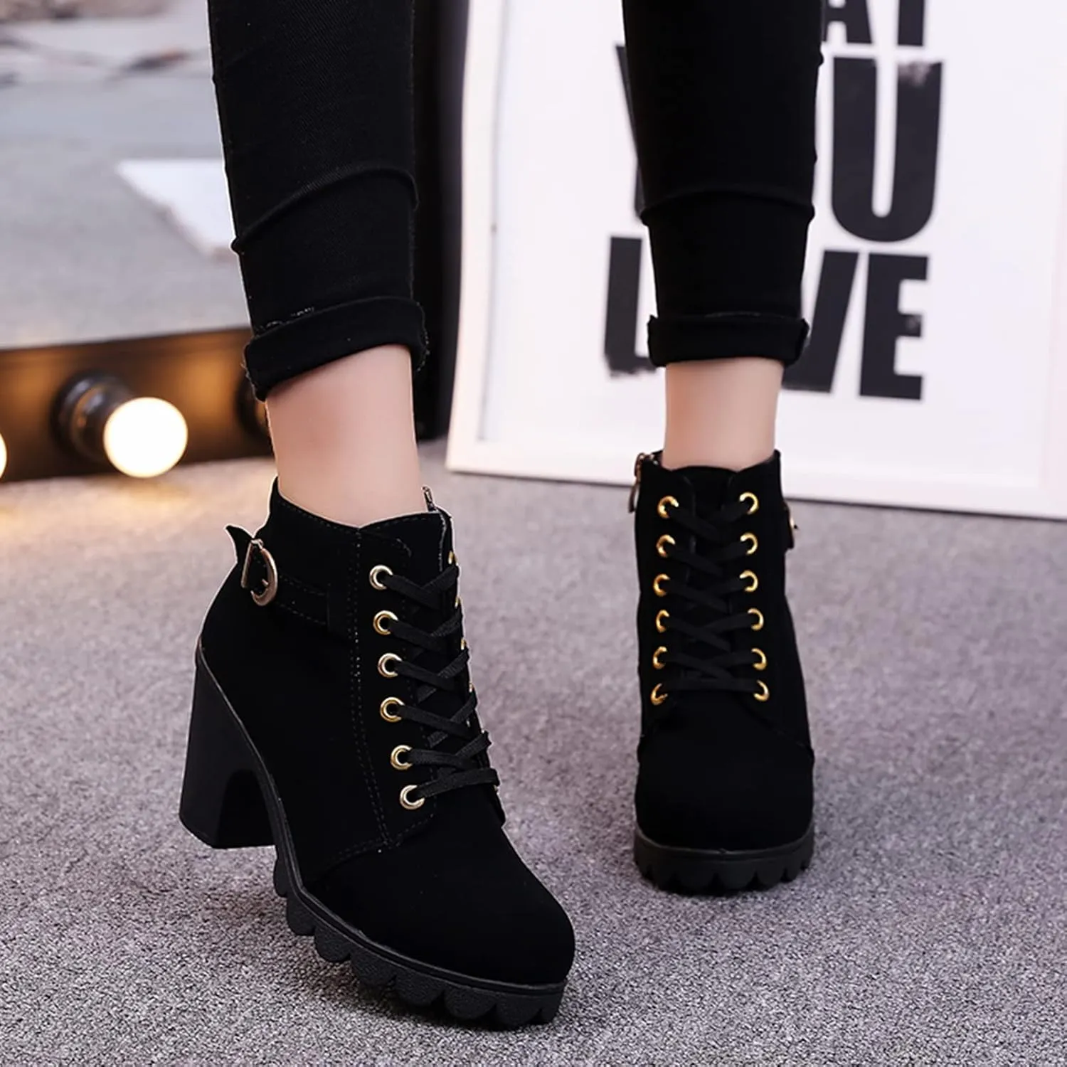 ZBYY Womens Mid Heel Chunky Platform Ankle Booties Leather Side Zipper Closed Toe Stacked Dress Chelsea Boots